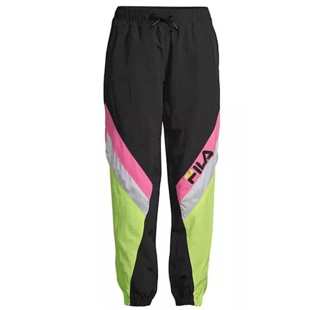 VTG FILA Womens Doroteia Wind Pants XL Track Black Yellow Pink White Design 90's - Picture 2 of 8